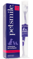 Load image into Gallery viewer, A box of petsmile Professional Dog Toothpaste Rotisserie Chicken Large stands next to a clear tube with a purple and white Professional Dog Toothbrush. The box features pet silhouettes and promotes plaque and tartar removal.

