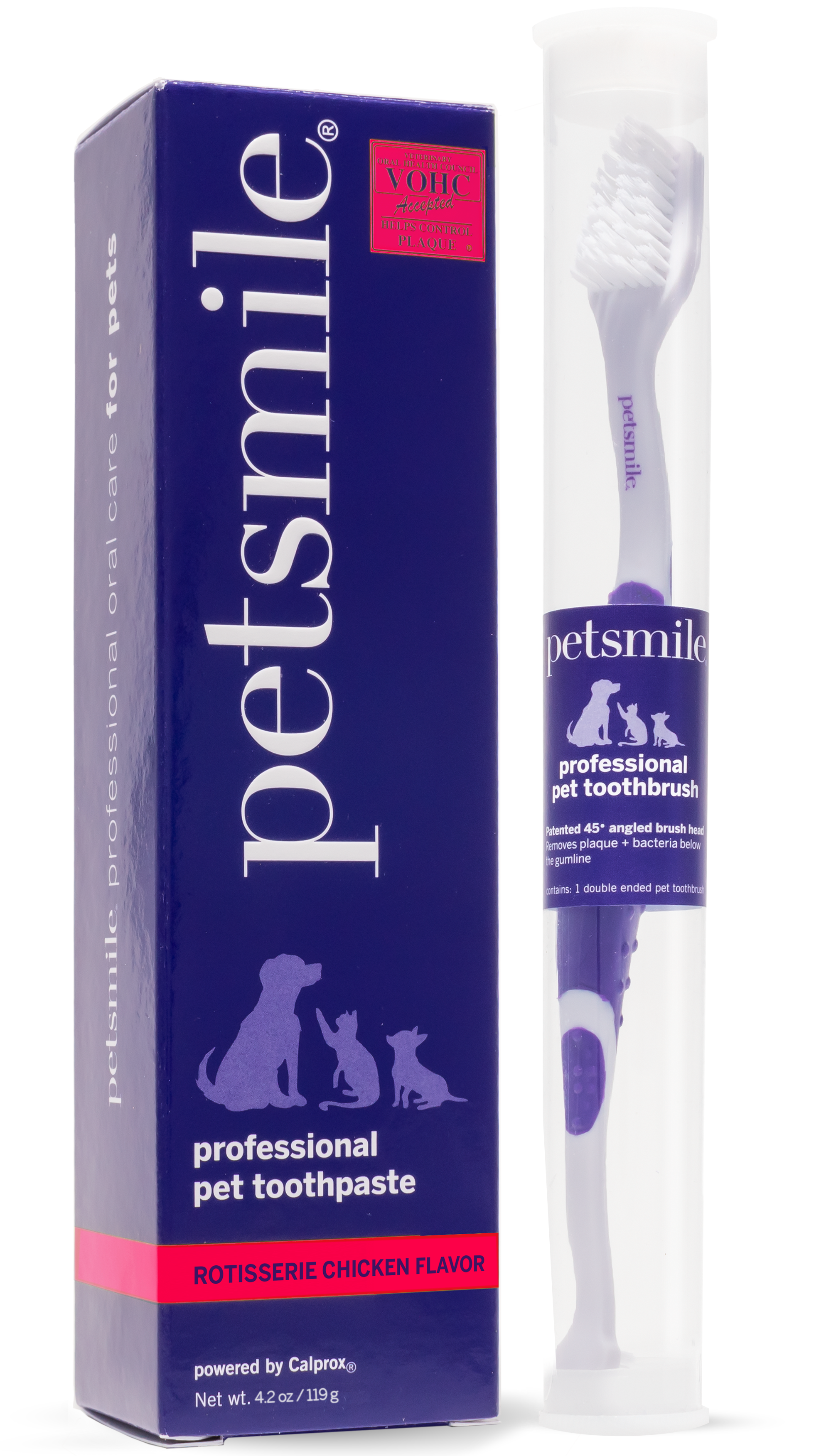 A box of petsmile Professional Cat Toothpaste Rotisserie Chicken Large sits beside a clear tube containing the petsmile Professional Cat Toothbrush. The packaging displays pet silhouettes and dental care information for cats.