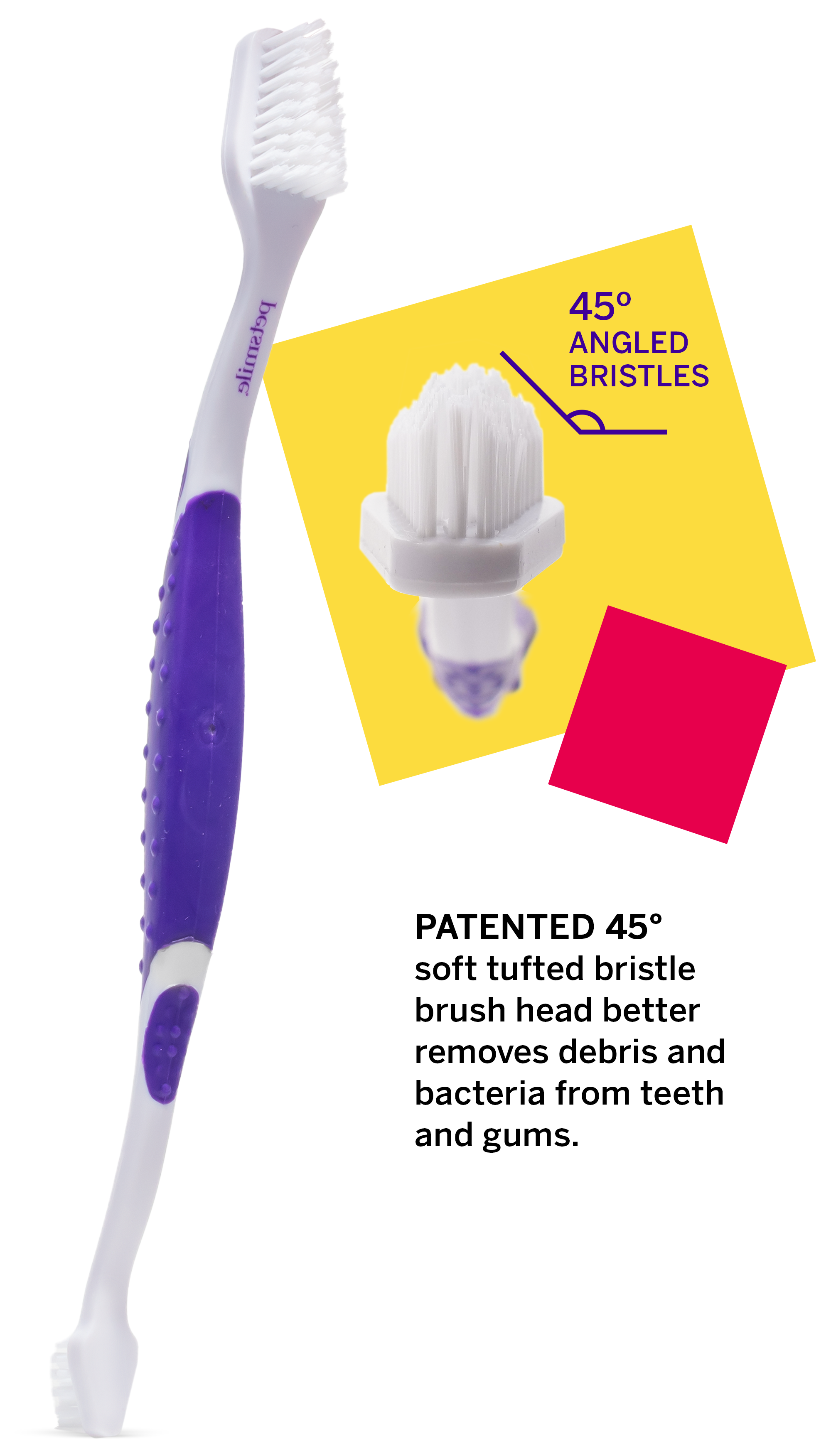A petsmile Professional Dog Toothbrush in white and purple with a close-up of its 45° bristle head. Text highlights patented soft bristles to remove plaque and tartar, helping prevent dental disease. Shown with Professional Dog Toothpaste Rotisserie Chicken Large.