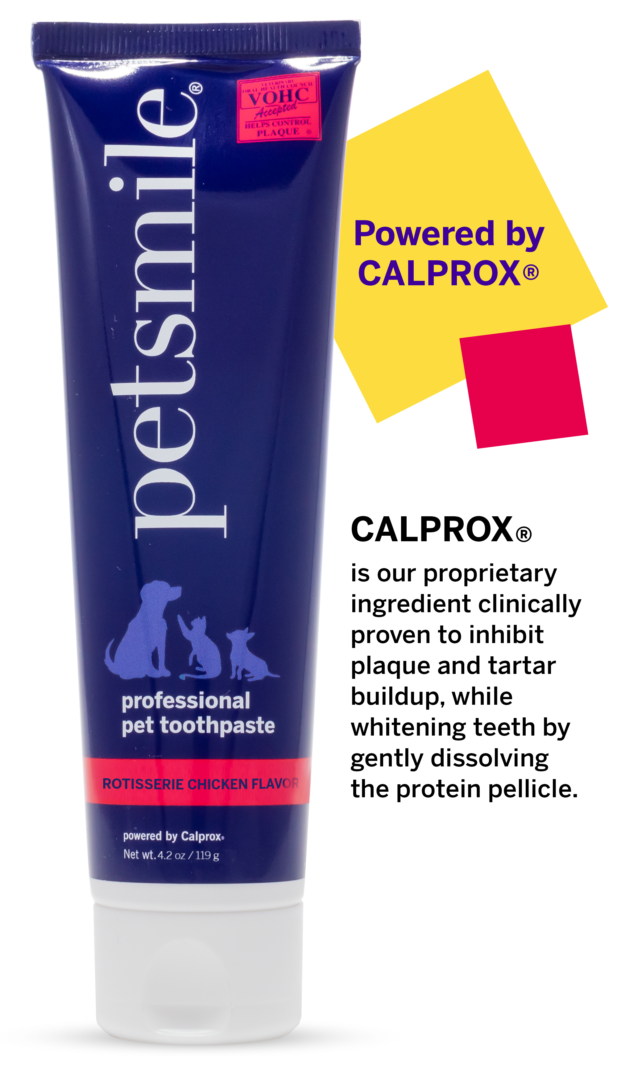 A tube of petsmile Professional Cat Toothpaste Rotisserie Chicken Large and a Professional Cat Toothbrush are shown. Text highlights “Powered by CALPROX®,” a VOHC-recommended ingredient that whitens teeth and fights plaque and tartar.