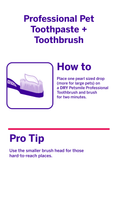 Load image into Gallery viewer, Instructional graphic for petsmile Professional Toothpaste Rotisserie Chicken Large & Professional Pet Toothbrush, showing a toothbrush icon, Calprox formula usage steps, and a pro tip: use a smaller brush head for hard-to-reach areas.
