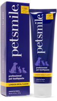 Load image into Gallery viewer, A tube and box of petsmile Professional Pet Toothpaste - London Broil Flavor - Large sub, VOHC accepted with Calprox® formula to help prevent dental disease. White text on dark blue with animal silhouettes and a yellow VOHC label.
