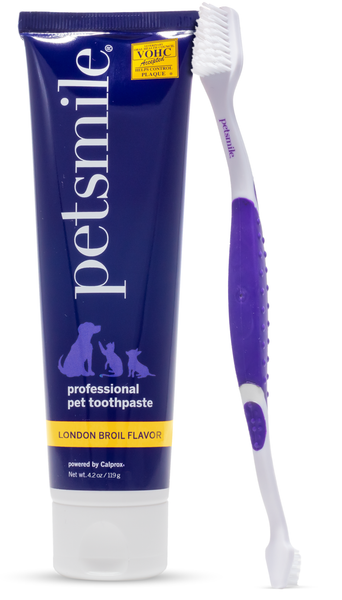 Complete dental care for pets , Purple brush and toothpaste kit , 45-degree angle brush and toothpaste , VOHC approved toothpaste in London Broil flavor , petsmile dental care for professional results