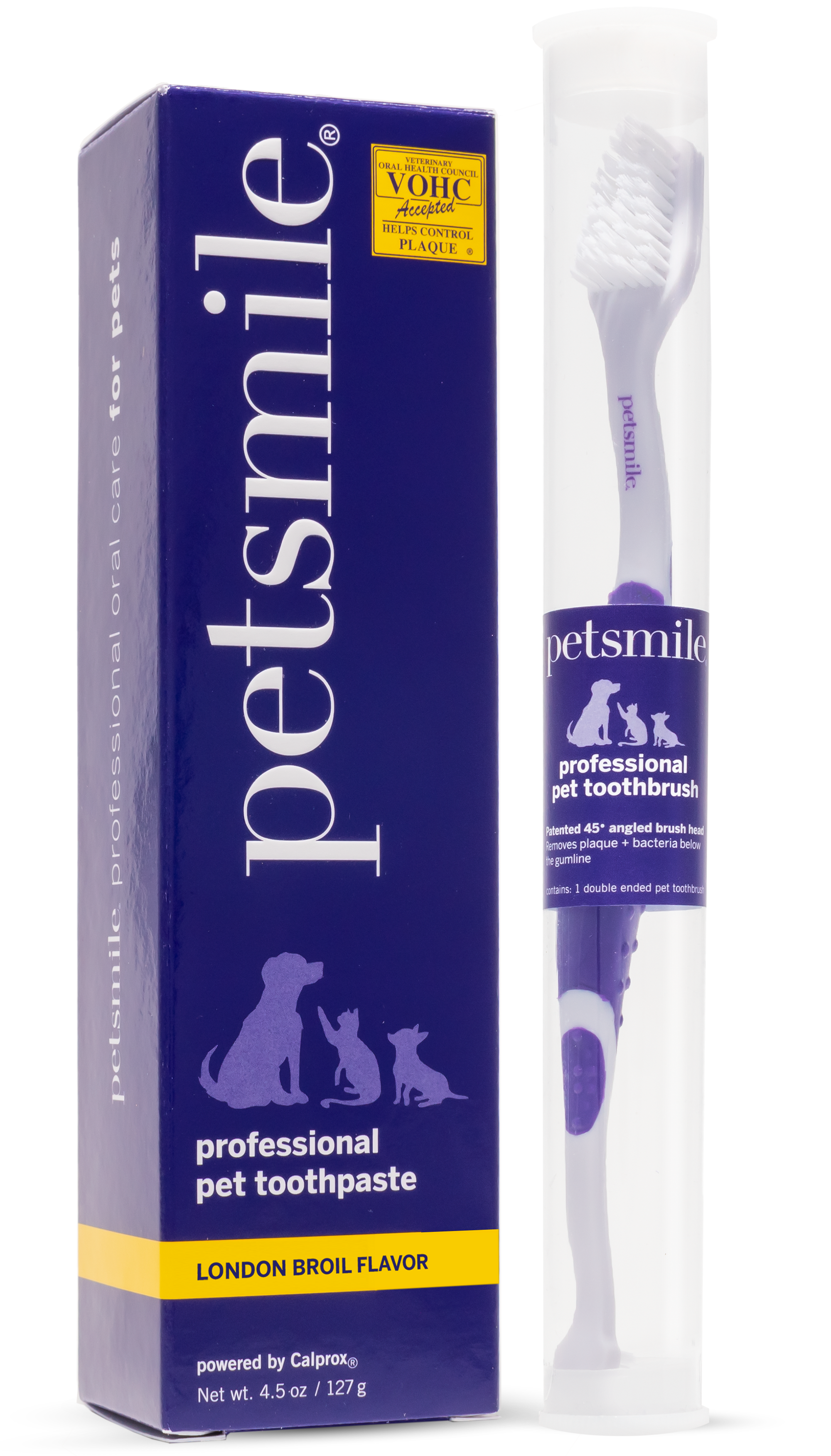 Proven dental care for cats , Professional-grade brush and toothpaste combo , Large cat toothbrush and toothpaste in London Broil Flavor , VOHC-approved cat toothpaste in purple bottle  , petsmile dental care for professional results