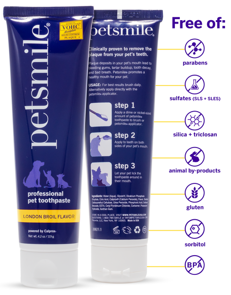 Improved dental health, fresher breath , Large tube of London Broil cat toothpaste , Large purple tube of petsmile cat toothpaste , BPA-free, vegan, VOHC certified , 4.2 OZ London Broil Flavor cat toothpaste