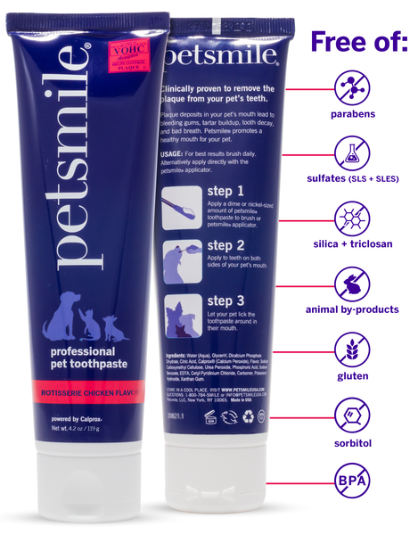 petsmile professional dog toothpaste with safe ingredients , petsmile professional dog toothpaste , Large tube of  VOHC approved dog toothpaste , Chicken toothpaste, VOHC sealed, Allergen free , Large tube, BPA-free, vegan , Eliminates bad breath, fresh dog toothpaste.