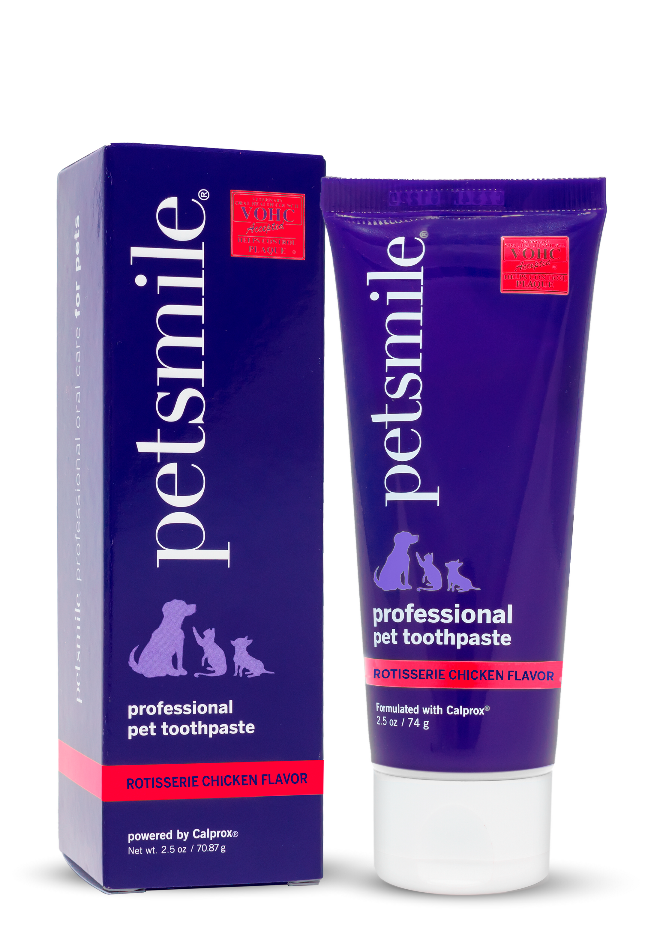 A purple box and tube of petsmile Professional Pet Toothpaste in London Broil flavor, featuring white text and dog/cat silhouettes. This VOHC-accepted toothpaste uses Calprox® to help prevent dog dental disease.