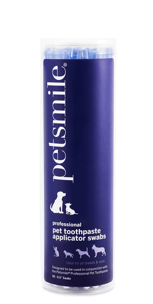 Easy toothpaste application for pets , petsmile toothpaste swabs for pets , Toothpaste applicater swabs for pet's hygiene , Purpule bottle of toothpaste applicater swabs , Petsmile swabs for precise toothpaste placemen